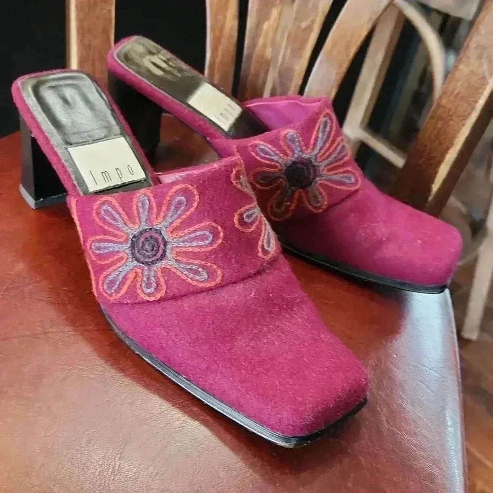 IMPO Embroidered Floral Wool Slides Heels BOHO sz 6.5‎